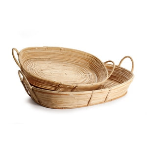 CANE RATTAN TRAYS WITH HANDLES, SET OF 2