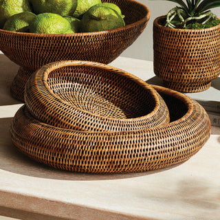 BURMA RATTAN SHALLOW DISPLAY BOWLS, SET OF 2