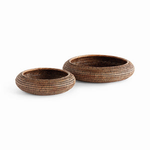 BURMA RATTAN SHALLOW DISPLAY BOWLS, SET OF 2