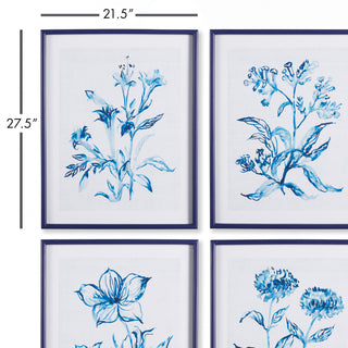 INDIGO WATERCOLOR BOTANICAL PRINTS, SET OF 4