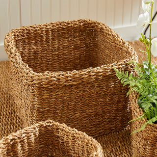 SEAGRASS SQUARE BASKETS WITH CUFFS, SET OF 3