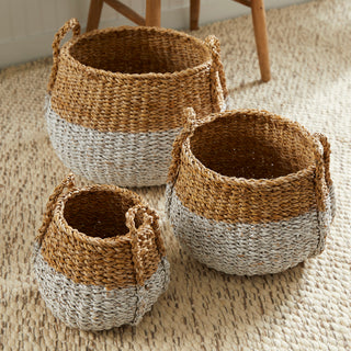 SEAGRASS ROUND BASKETS WITH HANDLES, SET OF 3