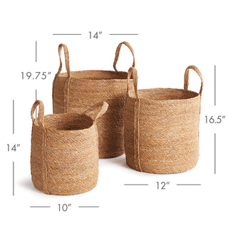 SEAGRASS ROUND BASKETS WITH LONG HANDLES, SET OF 3