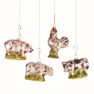 FARMYARD GLASS ORNAMENTS, SET OF 4